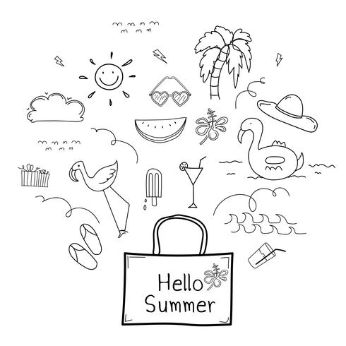 Handdragen Doodle Summer Vector Set. Doodle Rolig Set. Handgjord vektorillustration.