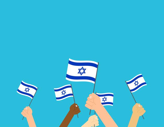 Vektor illustration händer som håller israeliska flaggor på blå bakgrund