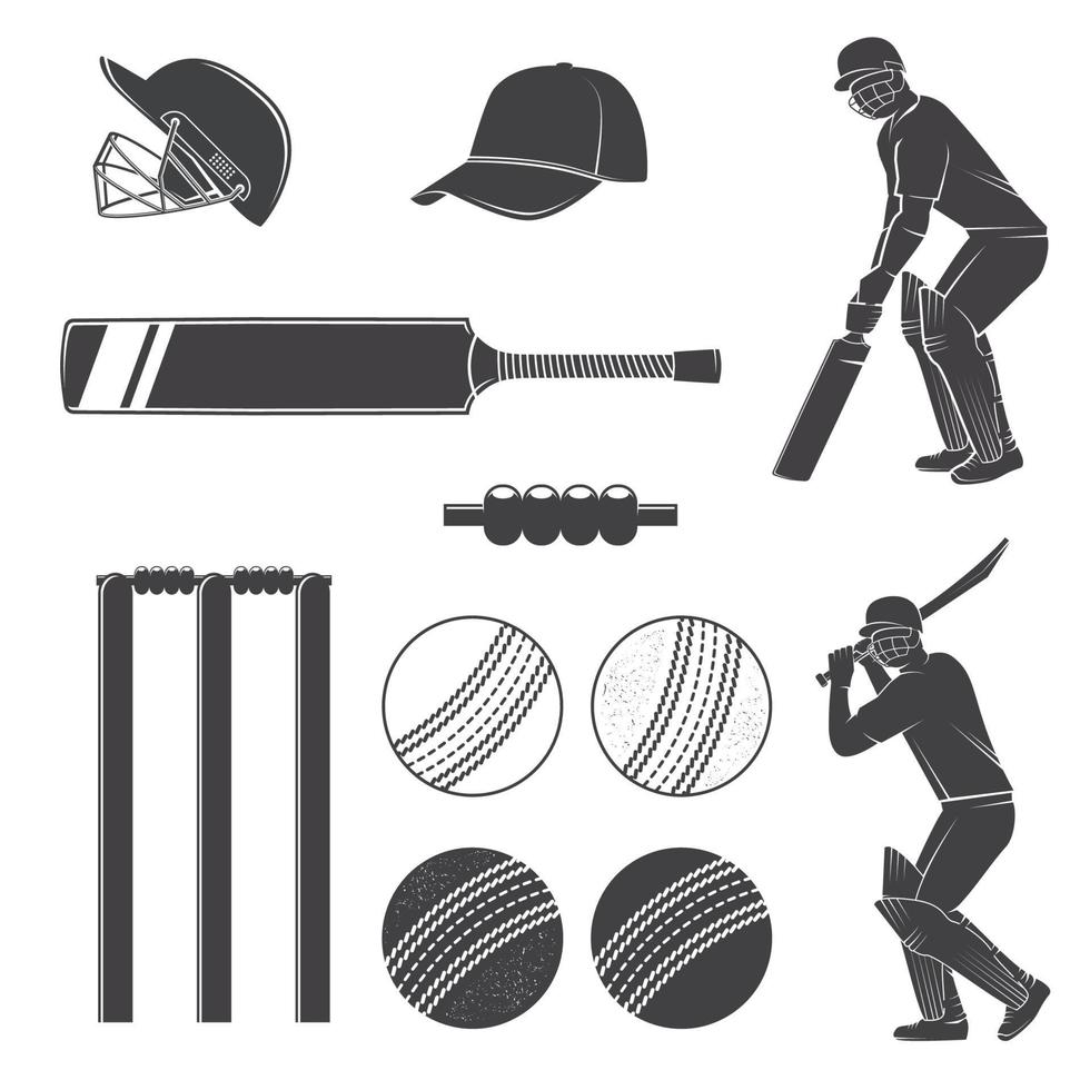 Reihe von Silhouetten-Symbolen für Cricket-Ausrüstung. Vektor. Das Set umfasst Schläger, Wicket, Kaution, Helm, Ball und Schlagmänner. Ausrüstungssymbole für Cricket-Sportaktivitäten. vektor