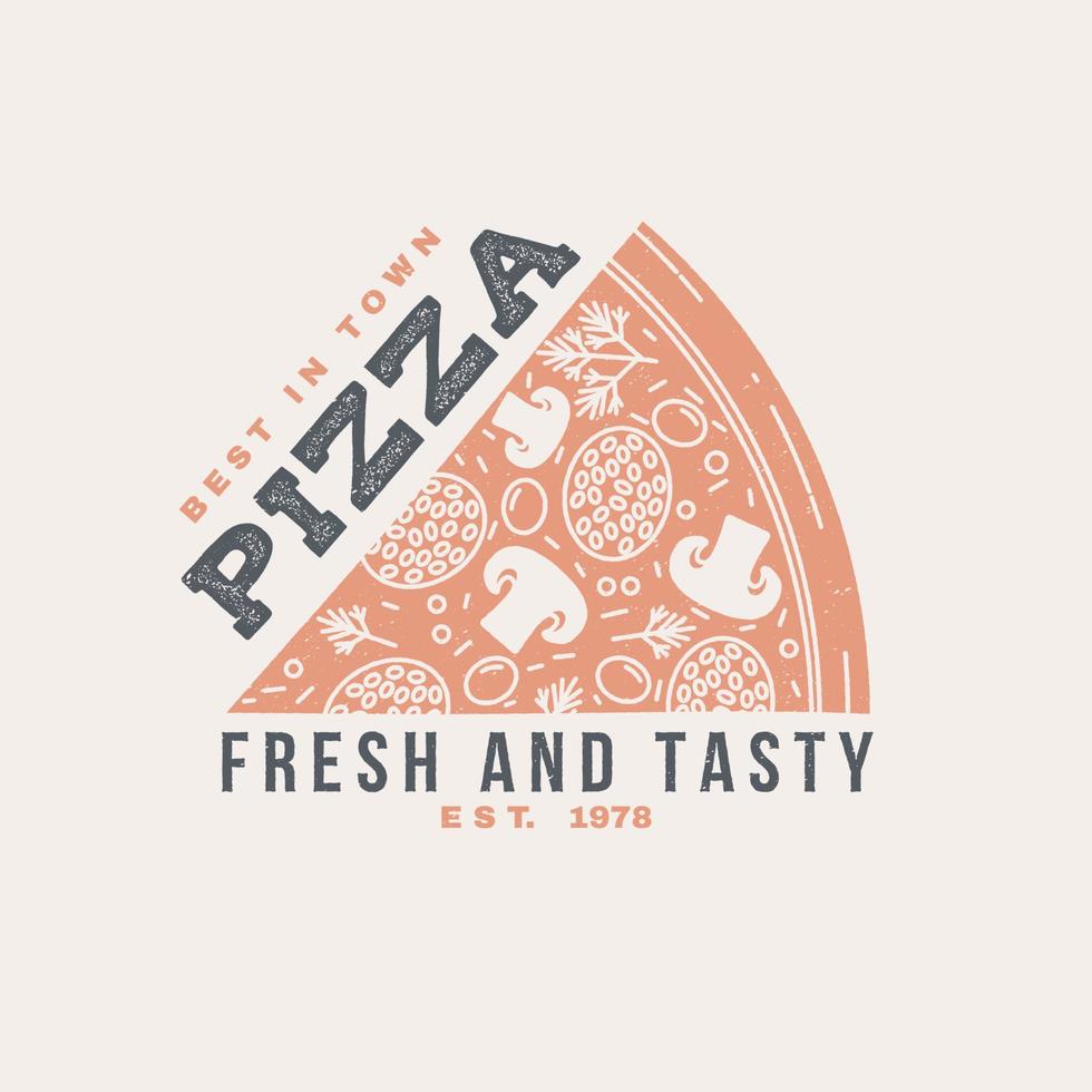 Heiße und frische Pizza Retro-Abzeichen-Design. Vektor. Vintage-Design für Cafés, Restaurants, Kneipen oder Fast-Food-Geschäfte. Vorlage für Restaurant-Identitätsobjekte, Verpackungen und Menüs vektor