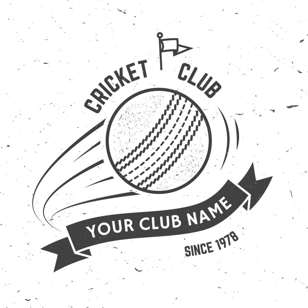 cricketklubbmärke. vektor. koncept för skjorta, tryck, stämpel eller tee. vintage typografi design med flygande boll och band siluett. mallar för sportklubb. monokrom enkel stil vektor