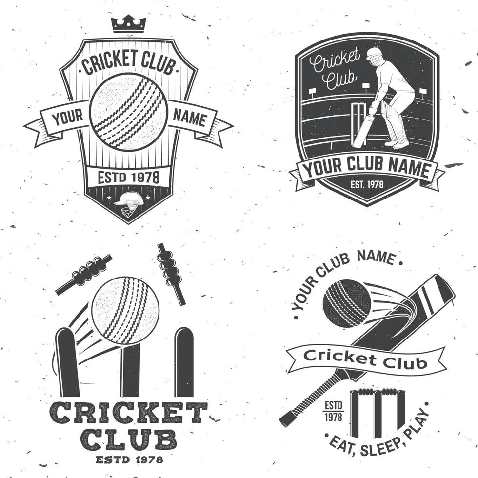 uppsättning cricketklubbmärken. vektor. koncept för tryck, stämpel eller tee. vintage typografi design med cricket slagman, boll, wicket, borgen och hjälm siluett. mallar för sportklubb. vektor