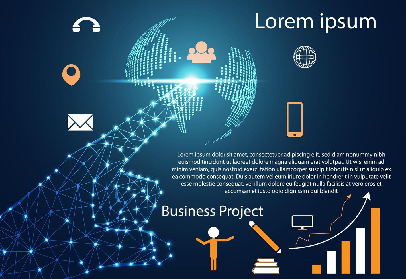 abstrakt teknik infografisk bakgrund koncept hand digital länk världskarta prick, affärsikon platt värld, meddelande och telefon, graflinje om tillväxt av företag vektor