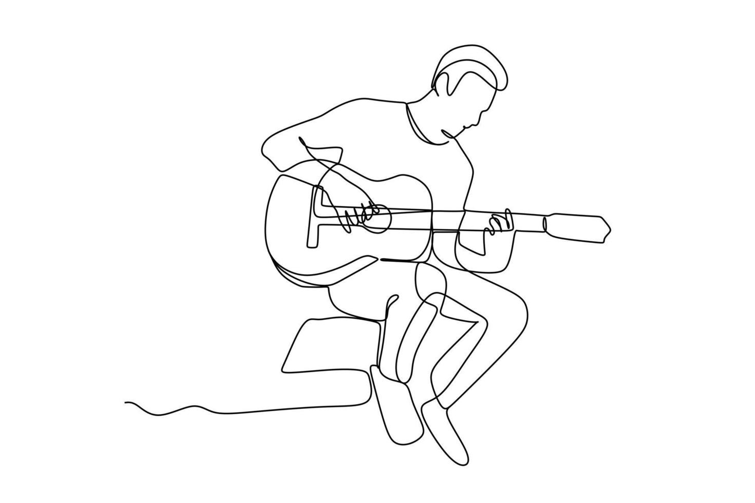 durchgehende Linienzeichnung eines sitzenden männlichen Gitarristen, der Gitarre spielt. dynamisches Musiker-Künstler-Performance-Konzept einzeilige Grafik zeichnen Design-Vektor-Illustration vektor