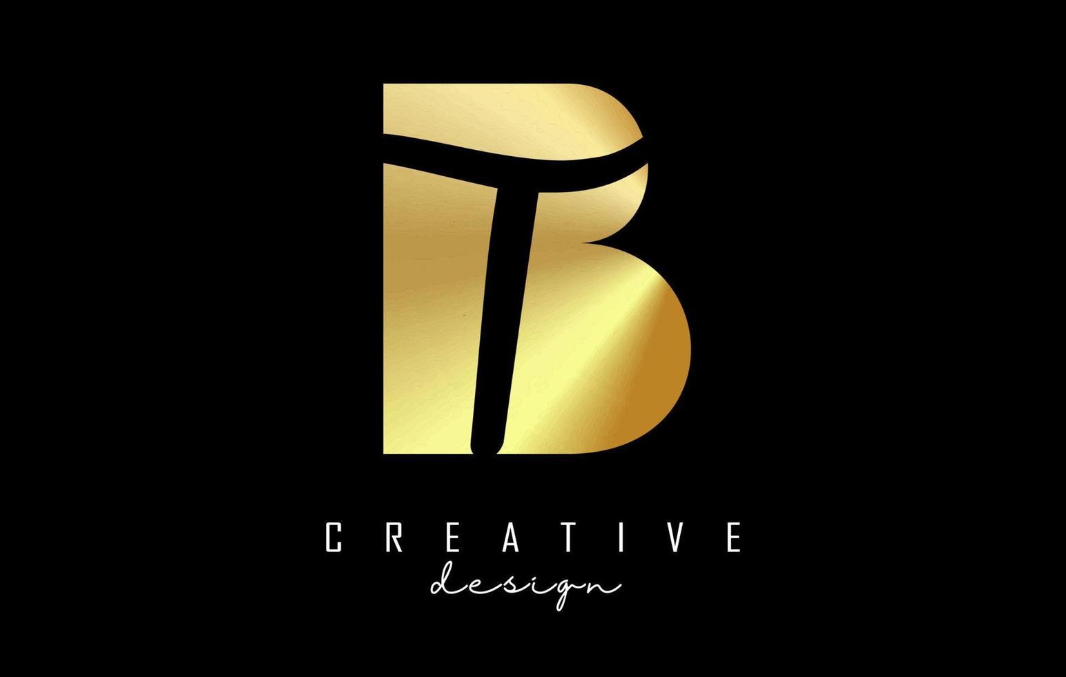 goldenes bt-logo mit minimalistischem design und negativem raum. buchstaben b und t mit geometrischer und handschriftlicher typografie. vektor