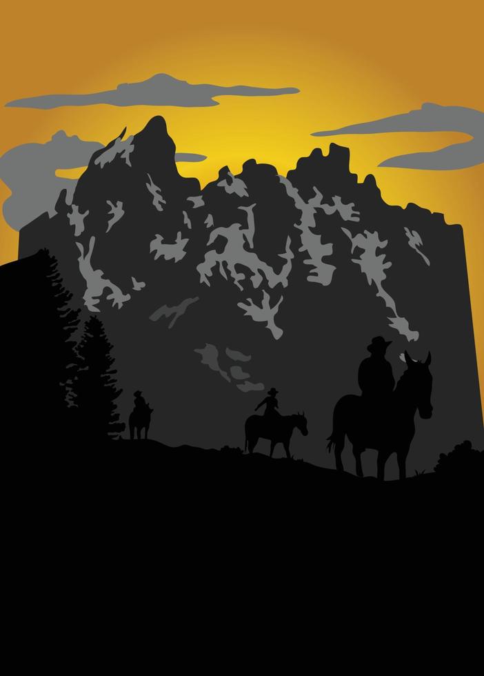 Cowboys Silhouette auf einem Pferd bei schönem Sonnenuntergang auf den Bergen vektor