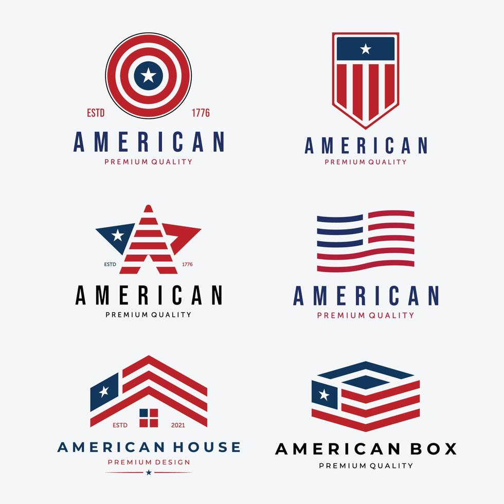 uppsättning av amerikansk flagglogotyp vintage, bunt med design usa eller usa vektorillustration, usa logistiskt koncept, amerikanskt minimalistiskt hus vektor