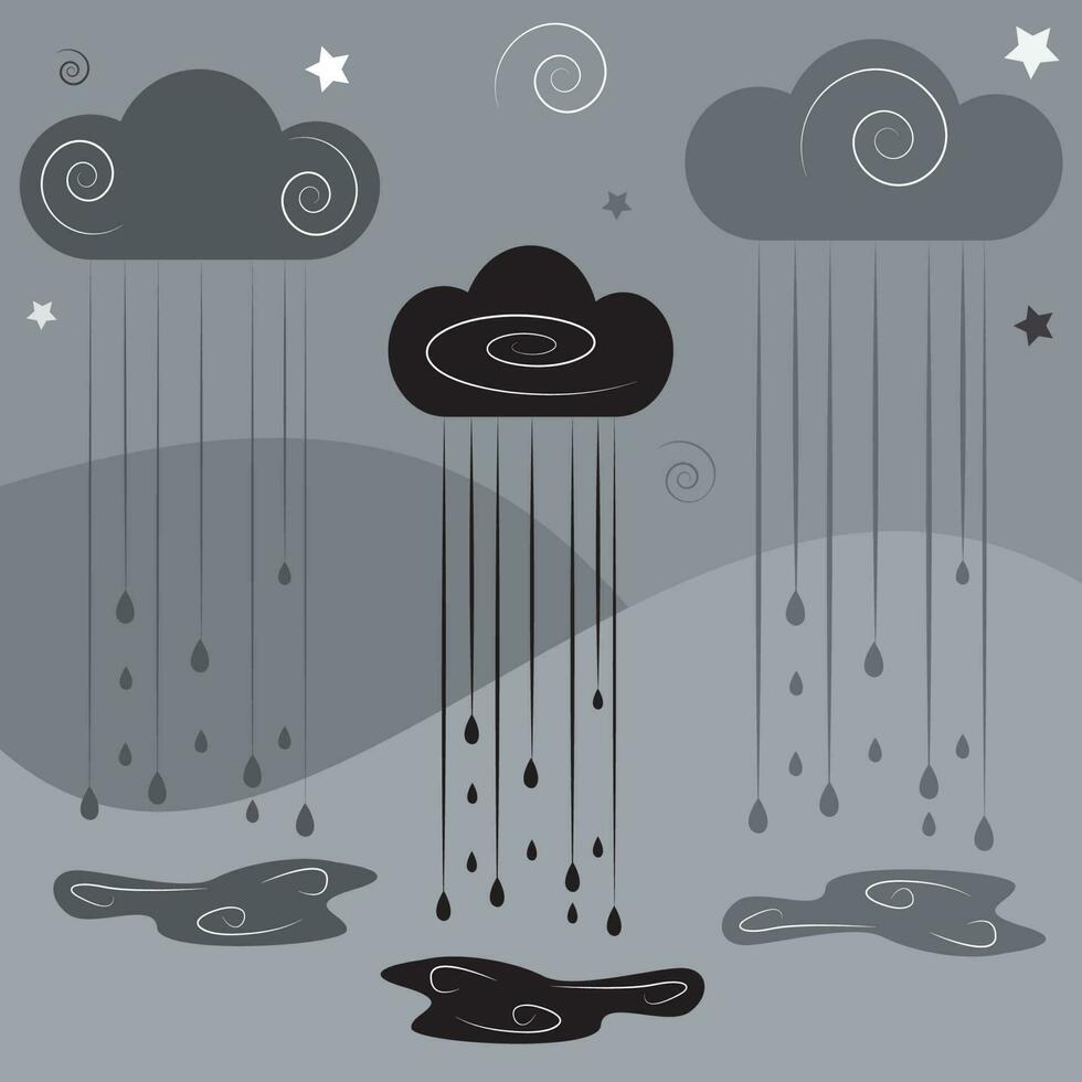 stormig natt med regnmoln och regndroppar vektor