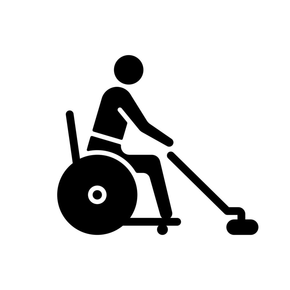 Rollstuhl-Curling schwarzes Glyphen-Symbol. adaptive Sportmeisterschaft. Winterspiel Match. Mannschaftswettbewerb auf Eis. Sportler mit Behinderung. Schattenbildsymbol auf Leerraum. vektor isolierte illustration