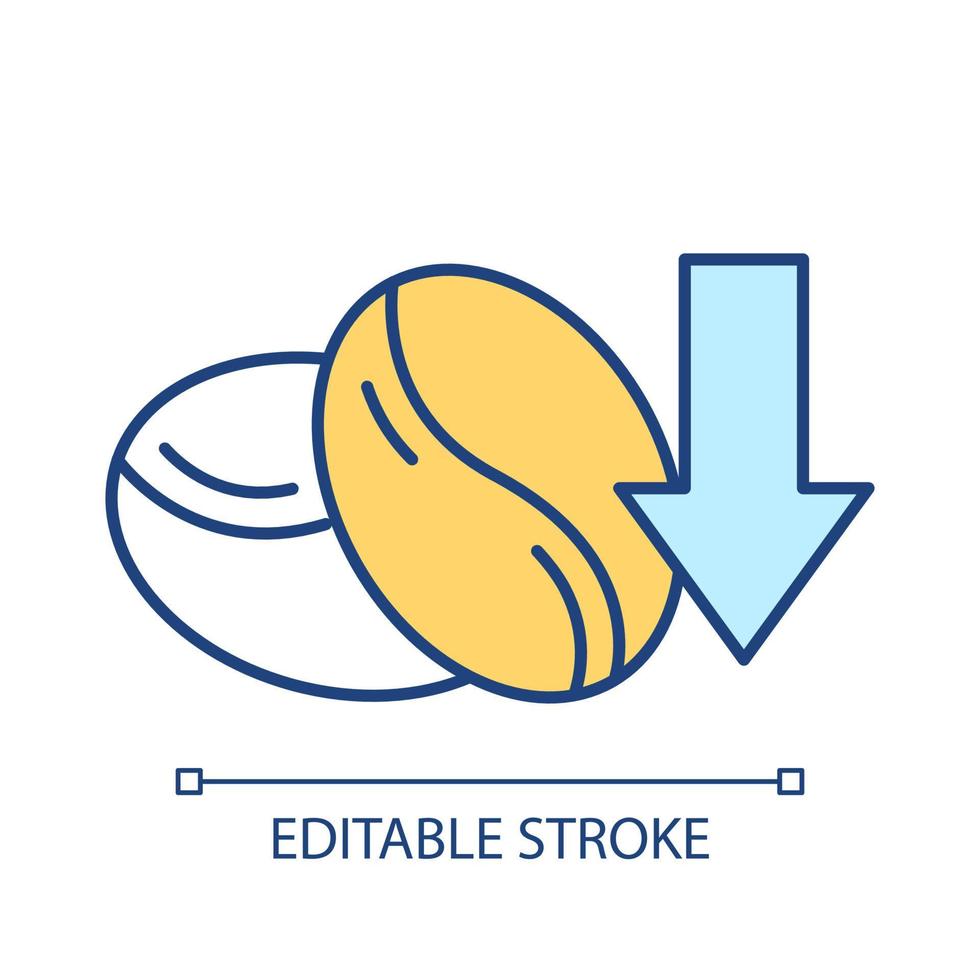 koffeinfri dryck rgb färgikon. kaffebönor. koffeinfritt. rostade frön. koffeinborttagning. isolerade vektor illustration. enkel fylld linjeteckning. redigerbar linje. arial teckensnitt som används