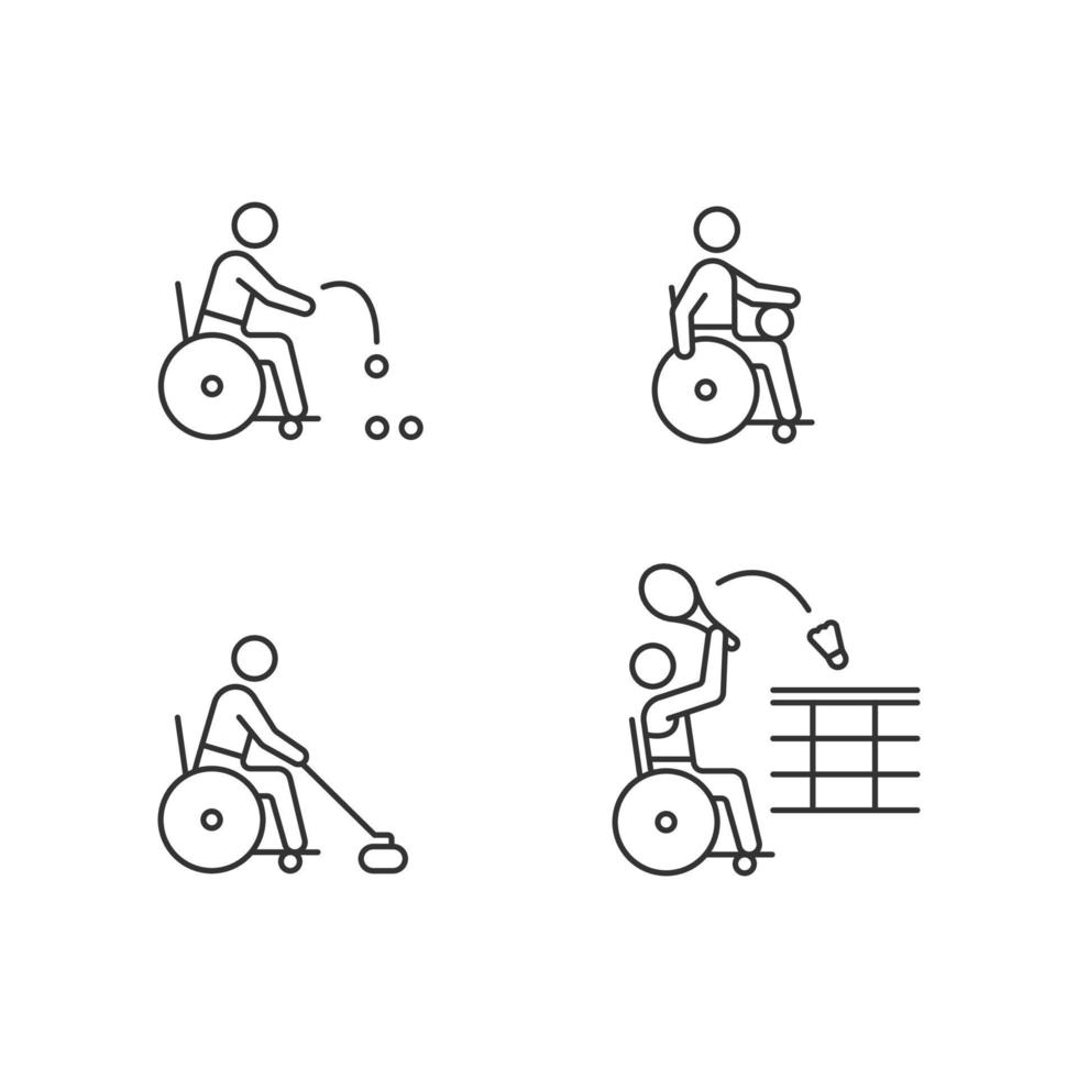 rullstol sport linjära ikoner set. adaptiva sportspel. tävlingsspel. idrottsmän med funktionshinder. anpassningsbara tunna linjers kontursymboler. isolerade vektor kontur illustrationer. redigerbar linje