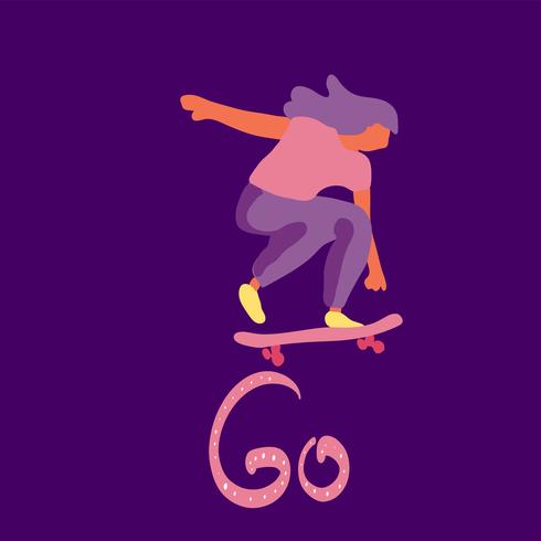 Stylischer Skater in Jeans und Sneakers. Skateboard. Vector Illustration für eine Postkarte oder ein Plakat, drucken Sie für Kleidung. Straßenkulturen.