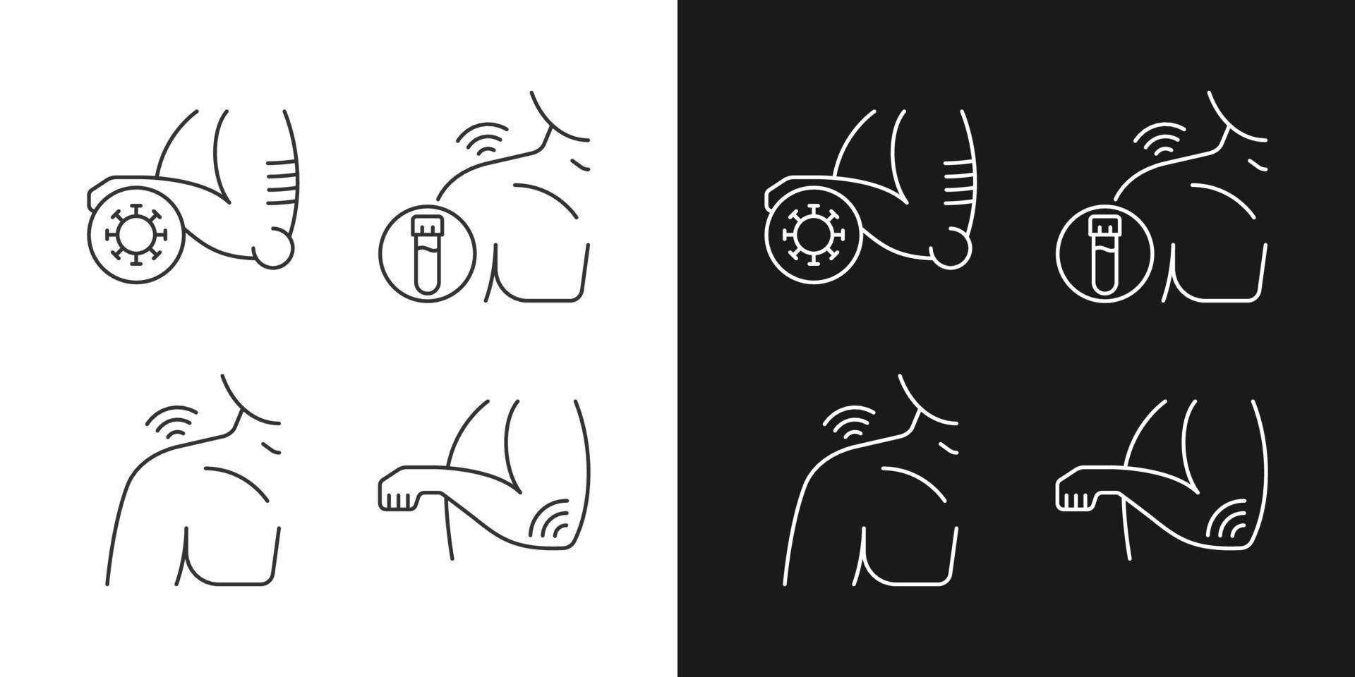linjära ikoner för smärta i axlar och armbågar inställda för mörkt och ljust läge. autoimmuna tillstånd. reumatism blodprov. anpassningsbara tunna linjer symboler. isolerade vektor kontur illustrationer. redigerbar linje