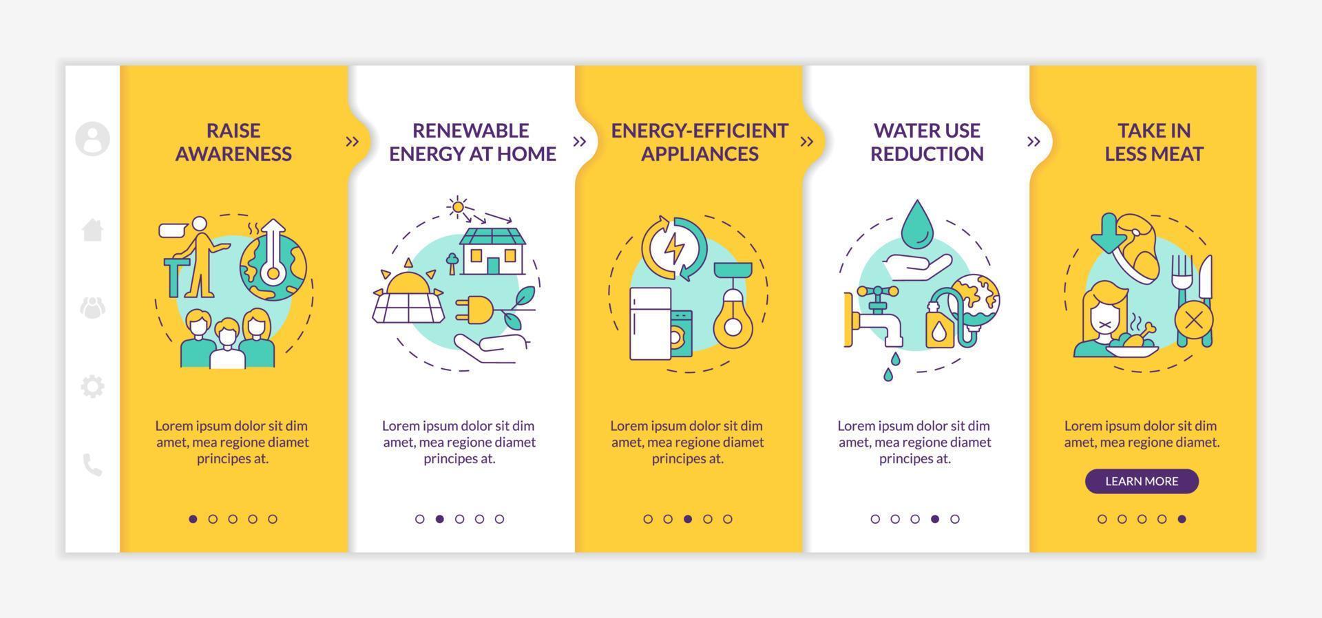 gelbe onboarding-vorlage zur vorbeugung des klimawandels. Energie und Wasser sparen. Responsive mobile Website mit linearen Konzeptsymbolen. Webseiten-Komplettlösung 5-Schritt-Bildschirme. lato-fett, normale Schriftarten verwendet vektor