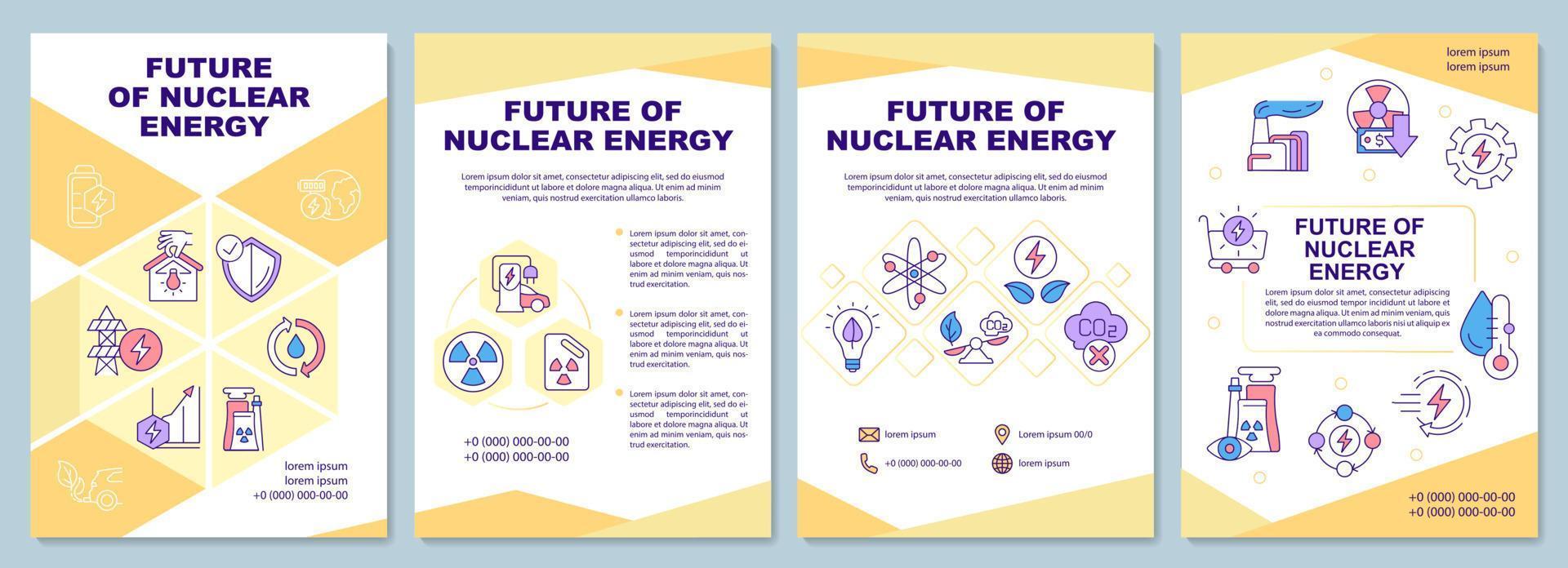 broschyrmall för framtiden för kärnenergi. bekämpa klimatförändringarna. flygblad, häfte, broschyrtryck, omslagsdesign med linjära ikoner. vektorlayouter för presentation, årsredovisningar, annonssidor vektor