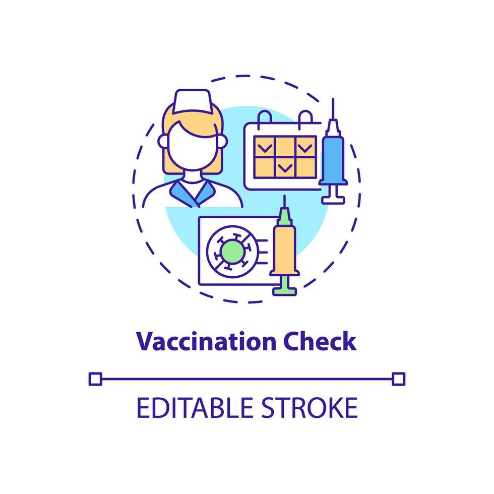 Symbol für das Konzept der Impfkontrolle. jährliche untersuchung abstrakte idee dünne linie illustration. Krankheiten vorbeugen. regelmäßige ärztliche Untersuchung. Vektor isolierte Umrissfarbe Zeichnung. editierbarer Strich