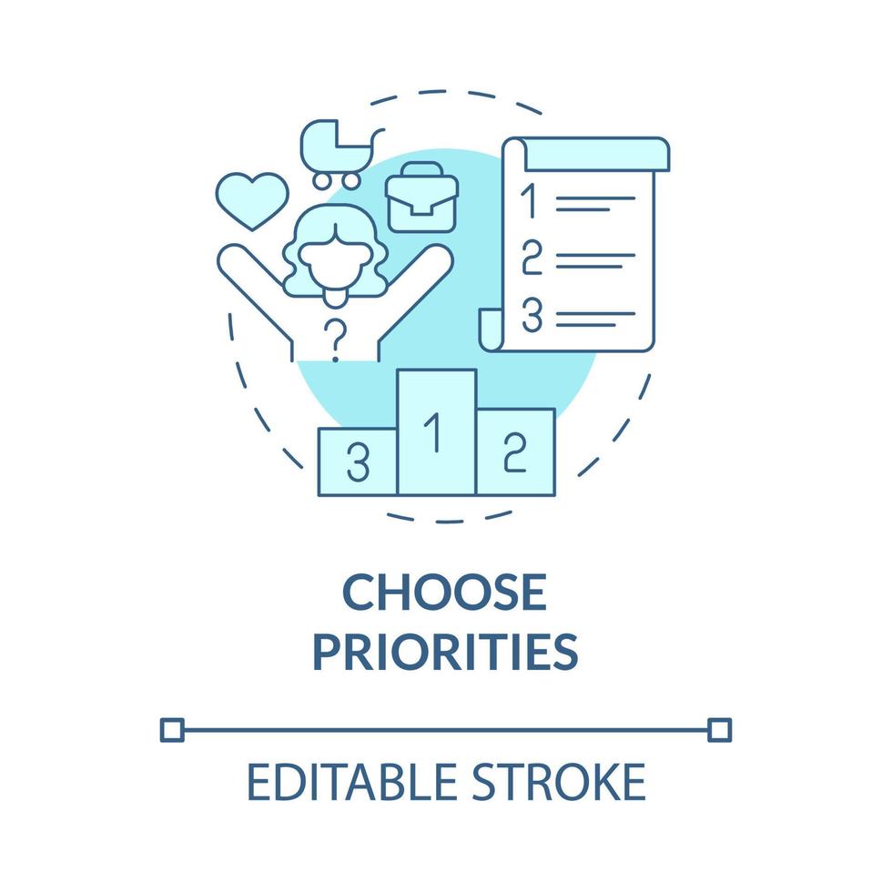 välj prioriteringar turkos konceptikon. balanserad livsstil strategi abstrakt idé tunn linje illustration. isolerade konturritning. redigerbar linje. roboto-medium, otaliga pro-bold typsnitt som används vektor