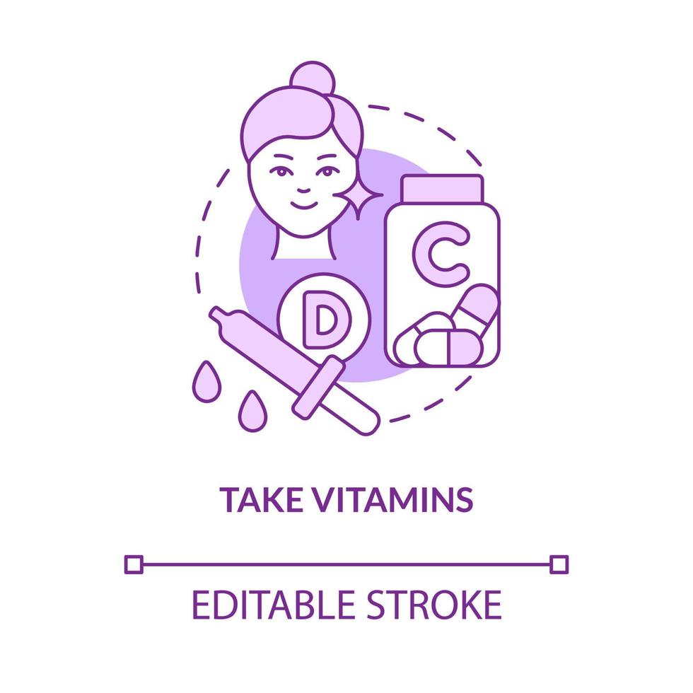 Nehmen Sie das Symbol für das lila Konzept der Vitamine. Schönheit und Gesundheit. hautpflegeverfahren abstrakte idee dünne linie illustration. isolierte Umrisszeichnung. editierbarer Strich. Roboto-Medium, unzählige pro-fette Schriftarten verwendet vektor