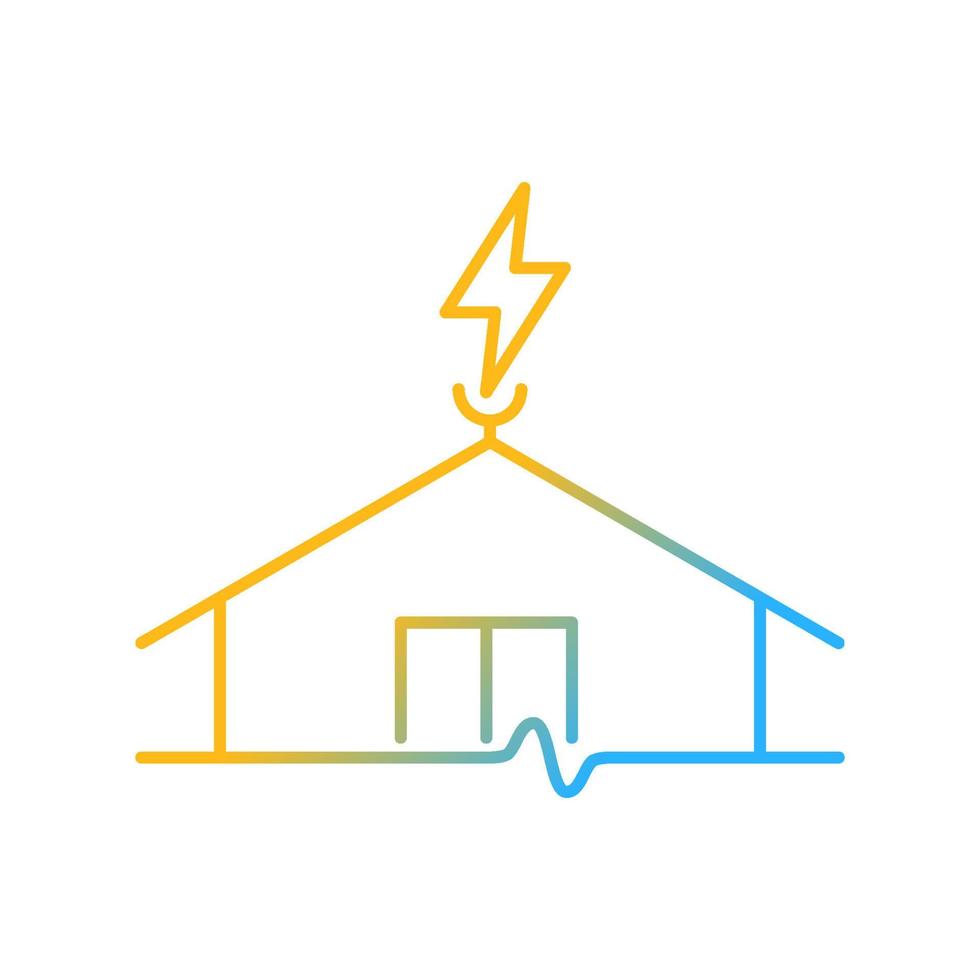 Lineares Vektorsymbol für den Blitzableiterverlauf. Schutz von Gebäuden vor Schäden durch Blitzschlag. Brandgefahr vorbeugen. Farbsymbol mit dünner Linie. Piktogramm im modernen Stil. Vektor isoliert Umrisszeichnung