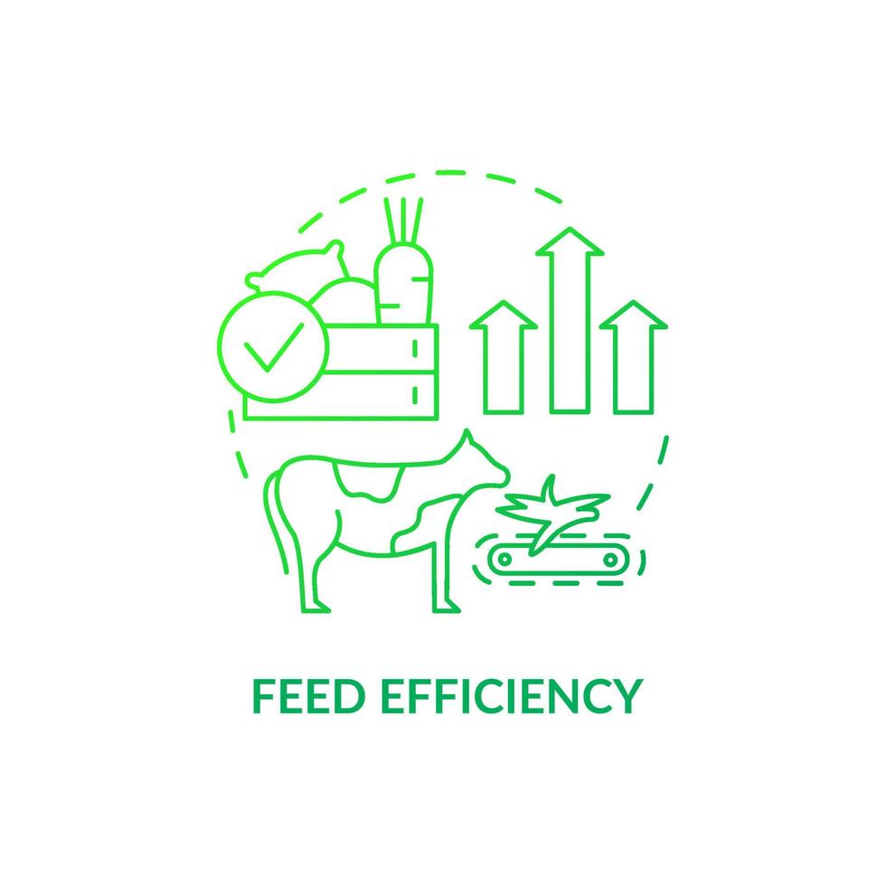 Feed-Effizienz grünes Farbverlauf-Konzept-Symbol. Rindfleischproduktion abstrakte Idee dünne Linie Illustration. Futternährstoffe in Milch umwandeln. isolierte Umrisszeichnung. Roboto-Medium, unzählige pro-fette Schriftarten verwendet vektor