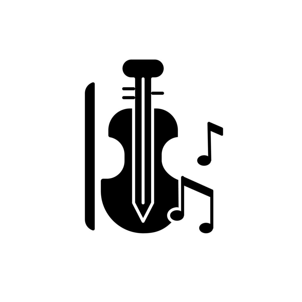 schwarzes Glyphen-Symbol für Musik. Spielen von Musikinstrumenten in Bildungseinrichtungen. Violine, Bogen, Noten. Musikunterricht in der Schule. Schattenbildsymbol auf Leerraum. vektor isolierte illustration