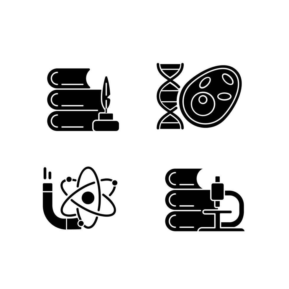 mångfald av ämnen i skolan svarta glyfikoner på vitt utrymme. humaniora och tillämpad vetenskap. biologi, fysik, naturvetenskapslektion. siluett symboler. vektor isolerade illustration