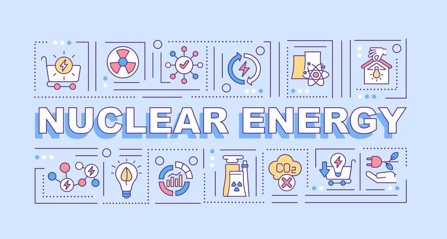 Banner für Kernenergiewortkonzepte. umweltfreundlicher Strom. Infografiken mit linearen Symbolen auf violettem Hintergrund. isolierte kreative typografie. Vektorumriss-Farbillustration mit Text vektor
