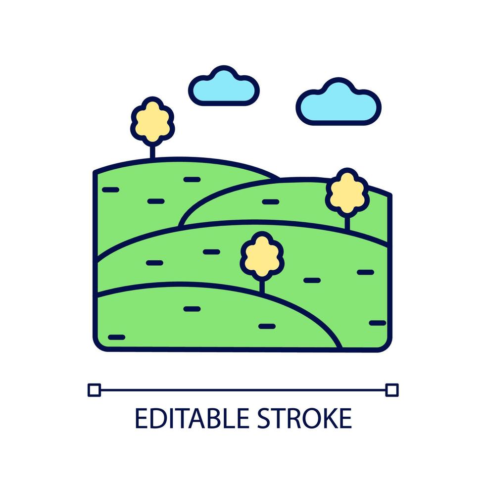 Hügel RGB-Farbsymbol. natürliche Erhebung. über die Oberfläche angehobene Landformation. Mittelhoher Berg. hohe Bodenwelle. isolierte vektorillustration. einfache gefüllte Strichzeichnung. editierbarer Strich vektor