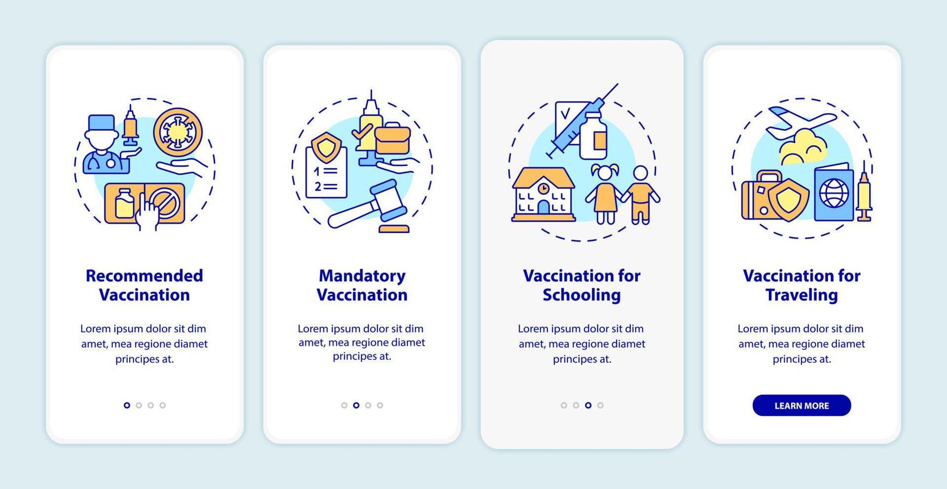 Arten von Impfungen beim Onboarding auf der Seite der mobilen App. Empfohlene Impfstoffe Walkthrough 4 Schritte grafische Anweisungen mit Konzepten. ui, ux, gui-vektorvorlage mit linearen farbillustrationen vektor