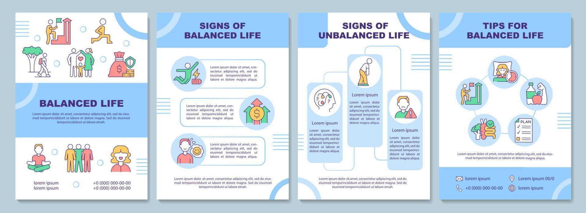 ausgewogene und unausgeglichene lebensblaue broschürenvorlage. Lebenstipps. Broschürendruckdesign mit linearen Symbolen. Vektorlayouts für Präsentationen, Jahresberichte, Anzeigen. arial-schwarz, unzählige Pro-Regular-Schriftarten verwendet vektor