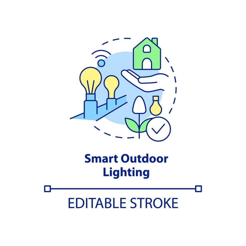 Symbol für intelligentes Außenbeleuchtungskonzept. garteninnovation abstrakte idee dünne linie illustration. Verwendung intelligenter Glühbirnen im Freien. isolierte Umrisszeichnung. editierbarer Strich. Arial, unzählige pro-fette Schriftarten verwendet vektor