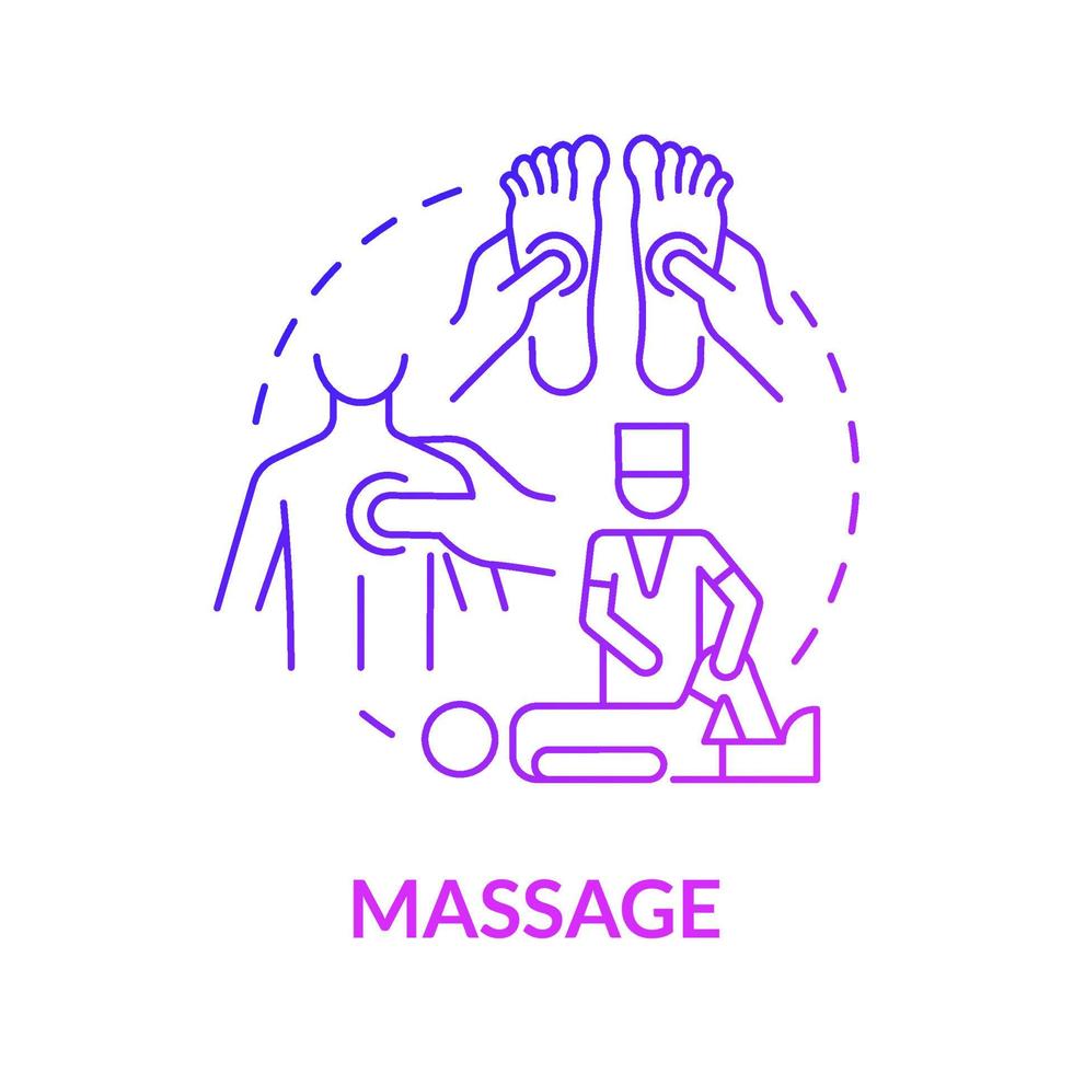 massage gradient lila koncept ikon. akupressur för smärtlindring. fysisk rehabilitering. sjukgymnastik behandling abstrakt idé tunn linje illustration. vektor isolerade kontur färgritning