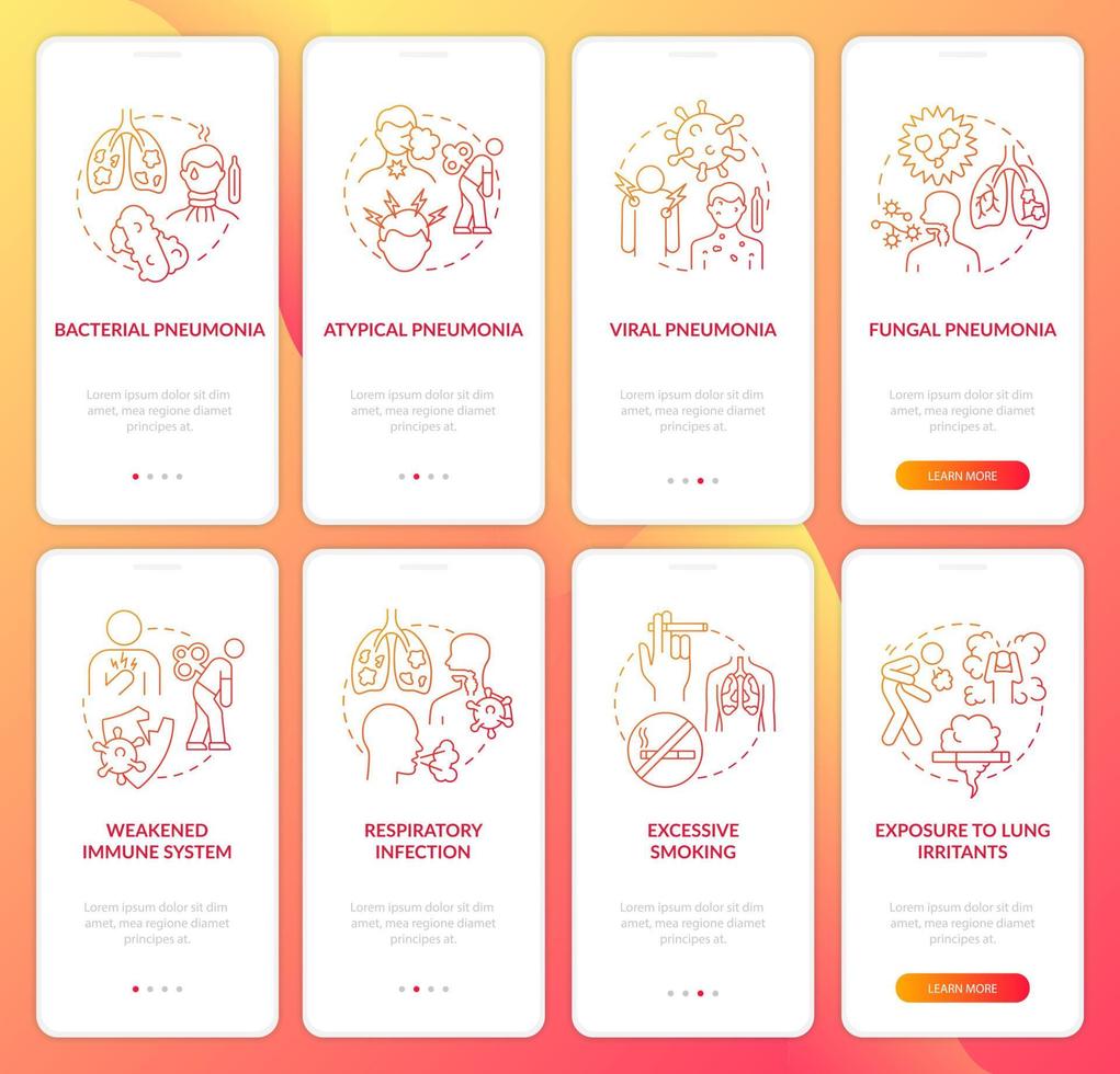 entzündung der atemwege beim onboarding auf der bildschirmseite der mobilen app. Pneumonie-Kategorien Walkthrough 4 Schritte grafische Anweisungen mit Konzepten. ui, ux, gui-vektorvorlage mit linearen farbillustrationen vektor