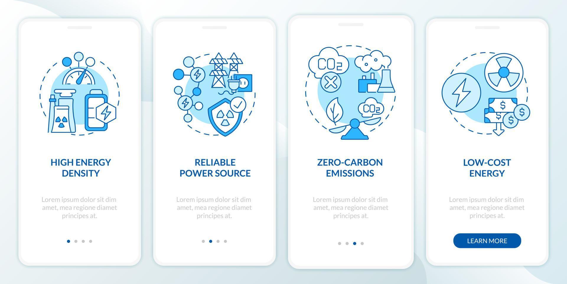 kernkraftprofis beim onboarding des mobilen app-seitenbildschirms. Komplettlösung für hohe Energiedichte 4 Schritte, grafische Anweisungen mit Konzepten. ui, ux, gui-vektorvorlage mit linearen farbillustrationen vektor