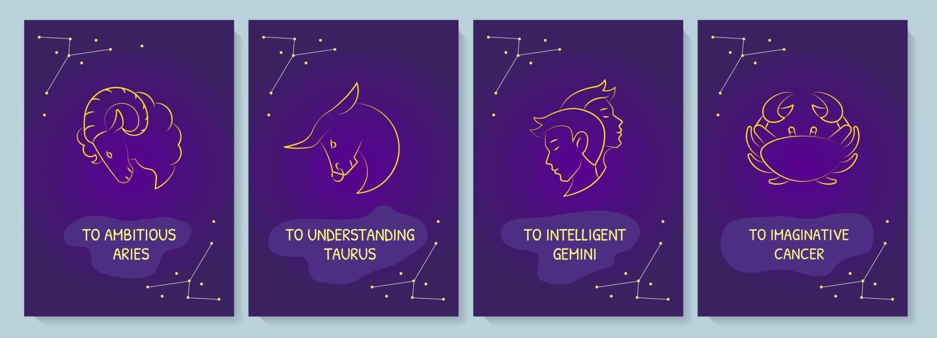 astrologiska tecken vykort med linjär glyf Ikonuppsättning. gratulationskort med dekorativ vektordesign. enkel stil affisch med kreativ lineart illustration. flygblad med semesterönskemål vektor