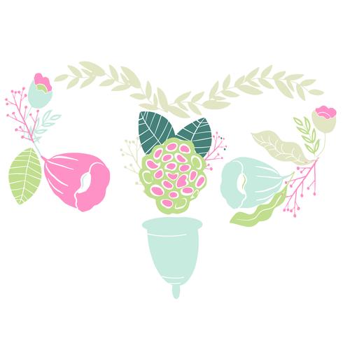 kvinnors menstruationskupa med blommor i handdrawn stil. Lettering-Jag älskar min kopp vektor