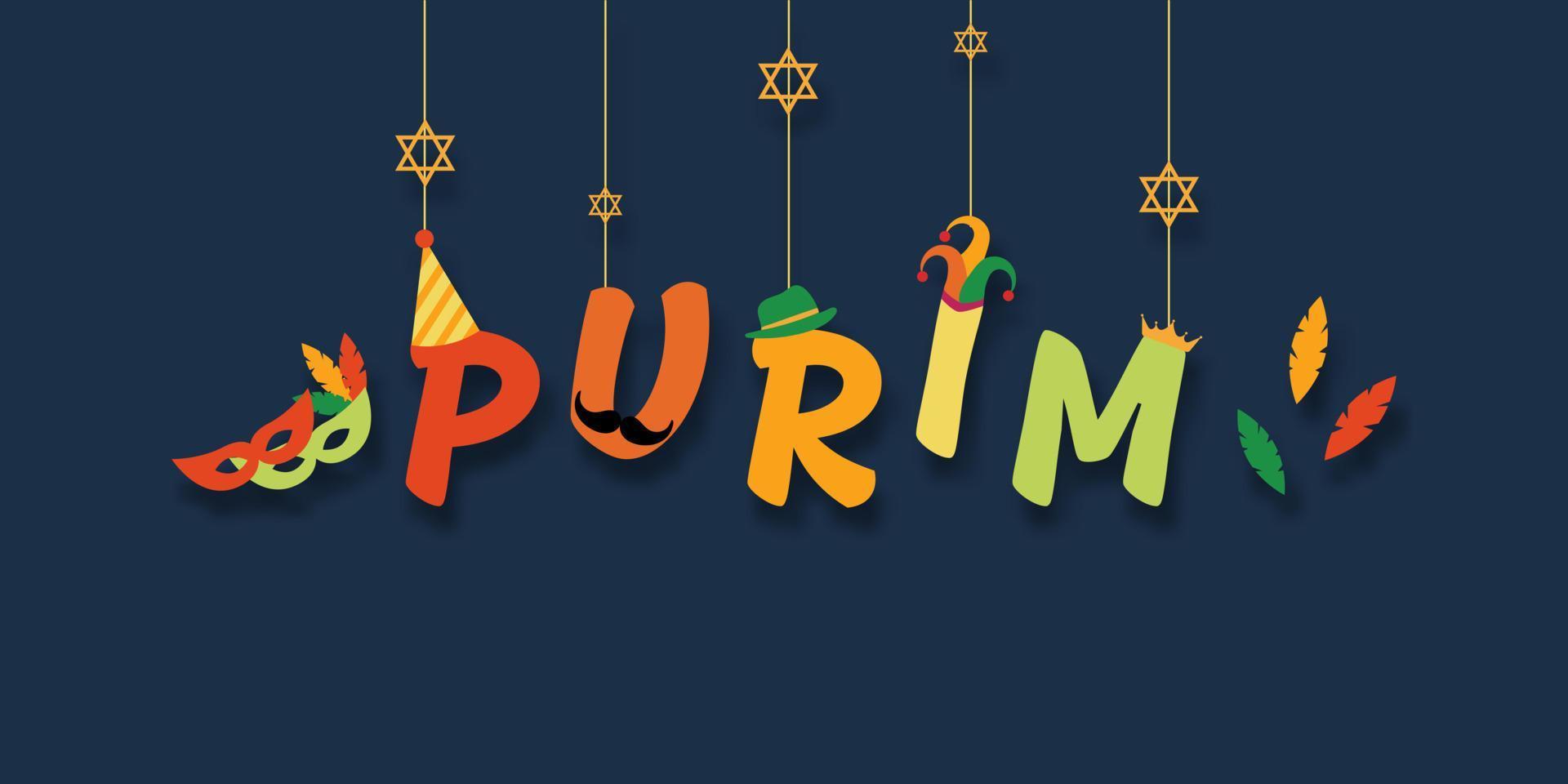 purim karneval und festivalkonzept. bunter purim, der auf dunkelblauem hintergrund mit hut, krone, ausgefallener maske, davidstern für grußkarte, banner, website hängt. jüdischer Feiertag. vektor