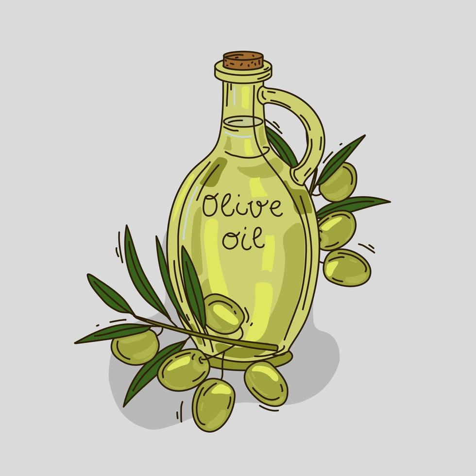 vektorillustration eines glases mit olivenöl und olivenzweigen. isolierter Hintergrund. vektor