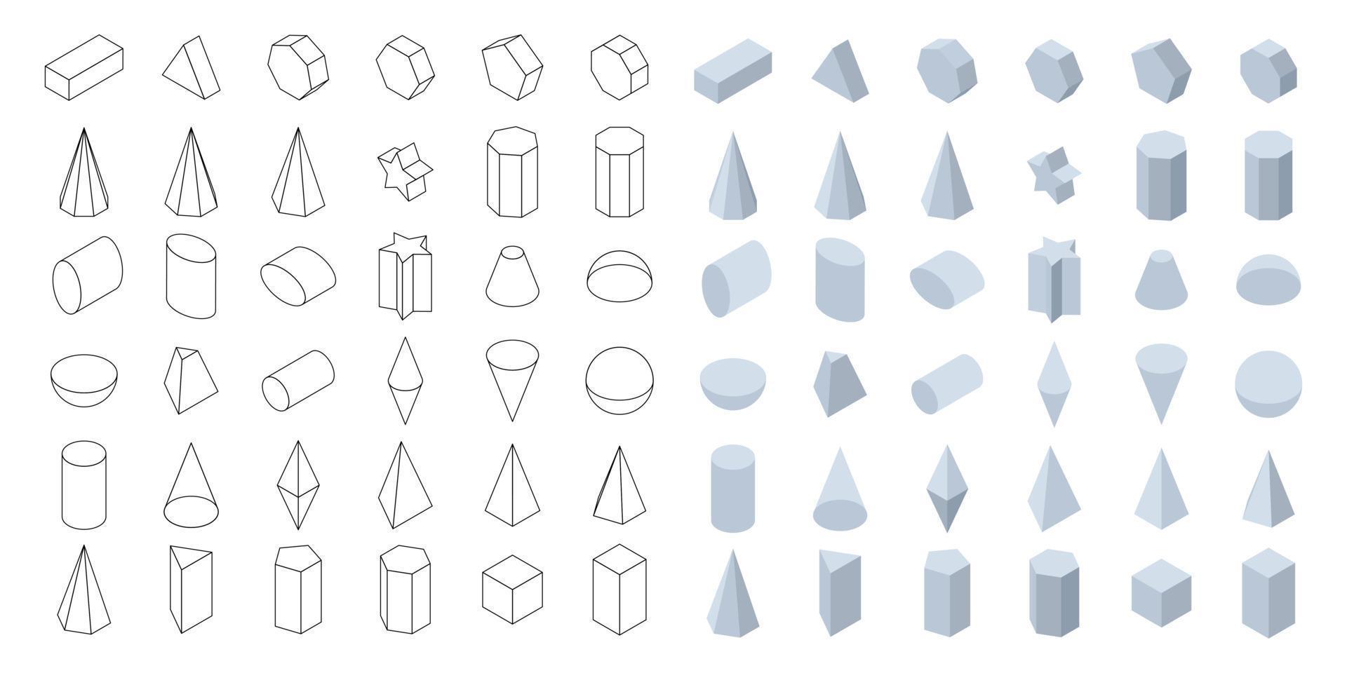 satz von 3d geometrischen grundformen. isometrische formen für schule und mathematik. isolierte Vektorillustration auf weißem Hintergrund. vektor