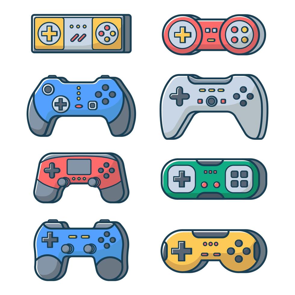 uppsättning spel joysticks på en isolerad vit bakgrund. joypad för konsol, pc och videospel. vektor illustration i platt linje stil.