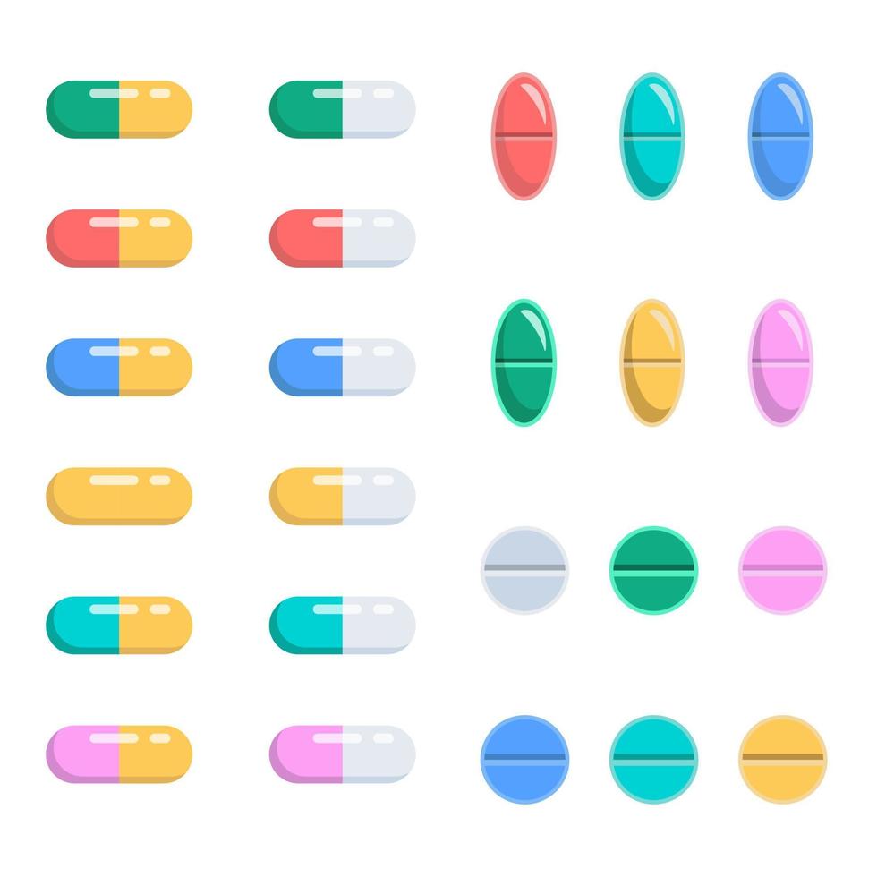 Reihe von Pillen in verschiedenen Formen. Kapseln, Vitamine, Schmerzmittel und Antidepressiva. isolierte Vektorillustration auf weißem Hintergrund. flacher karikaturstil. vektor