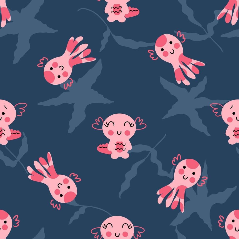 hand gezeichnetes nahtloses muster mit oktopus und axolotls im ozean. vektor