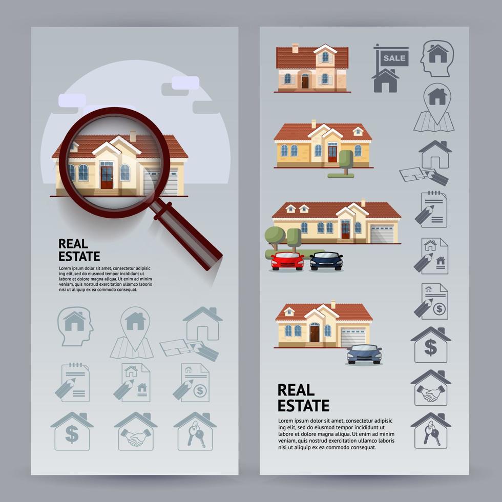 hus, fastighetsikoner, förstoringsglas. uppsättning flygblad. vektor illustration.