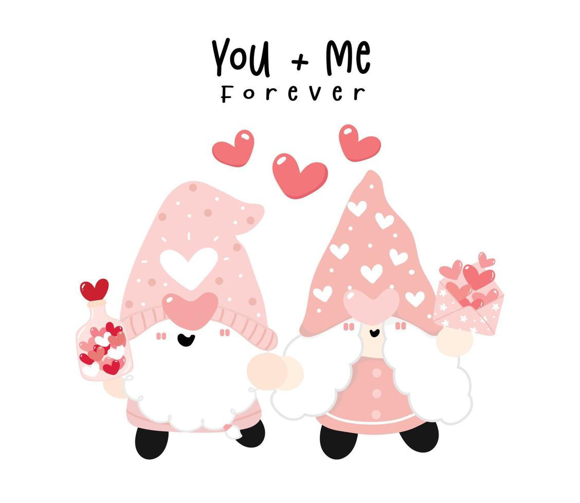 söta lyckliga par två tomtar som håller handen i kärlek, söt valentine gnome, tecknad platt vektor