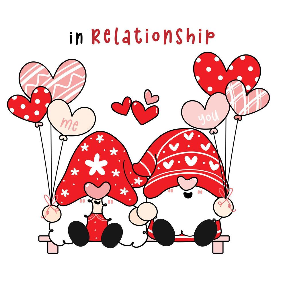 söta lyckliga par två tomtar som håller handen i kärlek, söt valentine gnome, tecknad platt vektor handritning kontur