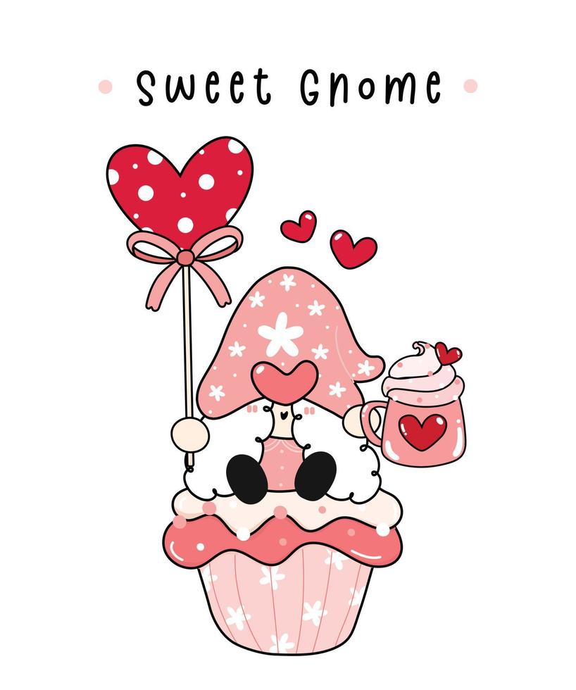 söt söt valentine gnome gril med rosa vispgrädde mugg och hjärtform godis sitta på söt muffin, tecknad platt vektor handritad kontur