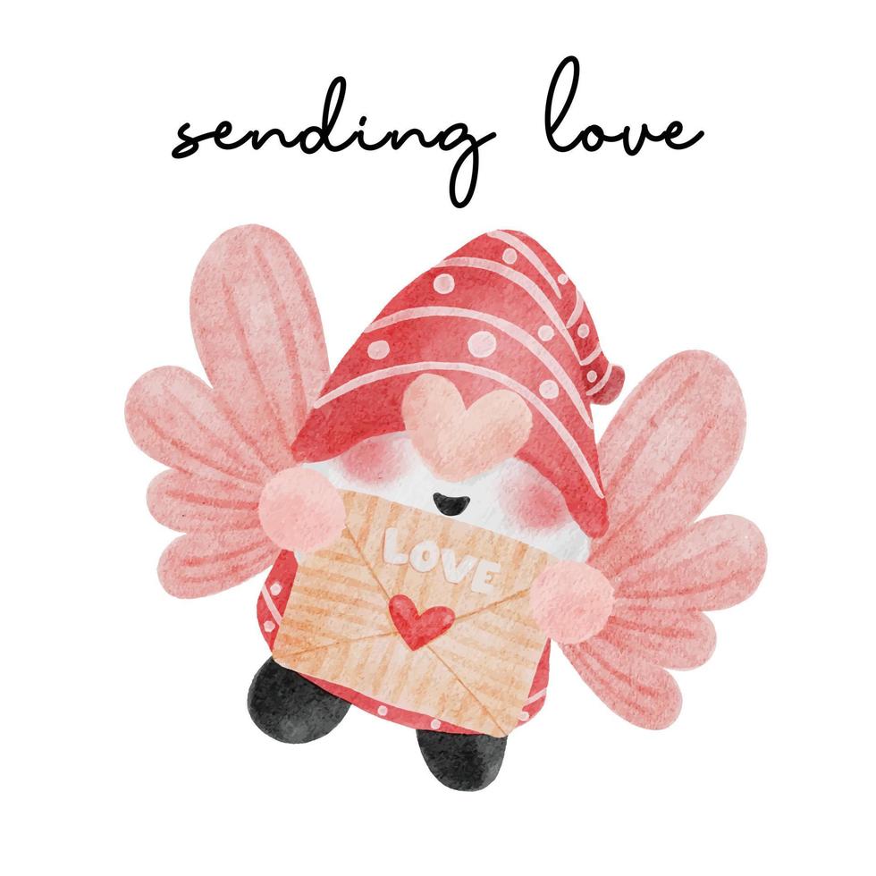 söt röd gnome skickar kärleksbrev akvarell tecknad vektor handmålning, skicka kärlek, kärleksmeddelande