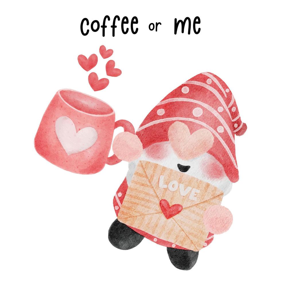 söt röd tomte med kärleksbrev och rosa kärlek kaffekopp akvarell tecknad vektor handmålning, kaffe eller jag
