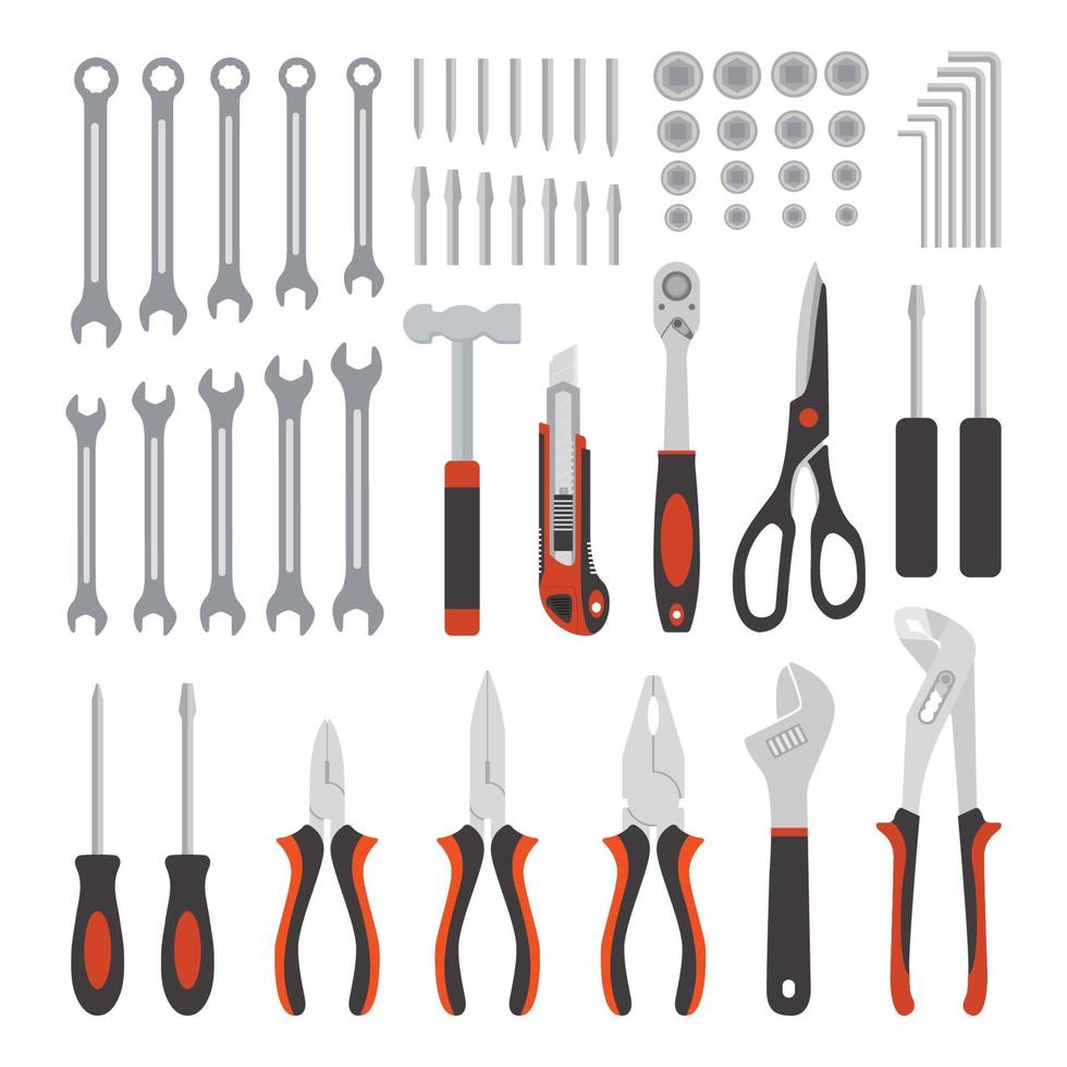 platt design koncept mekaniska verktyg, mekaniska verktyg samling och snickeri verktyg i rött isolerad på vit bakgrund vektor