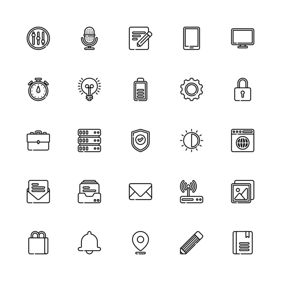 benutzeroberfläche symbolsatz linienstil. Mikrofon, Nachricht, Stoppuhr, Computer und mehr. Perfekt für Website, Apps und Präsentation vektor
